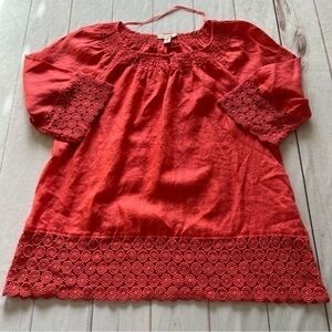 Charter club luxury 100% linen women’s embroidered top 1X Coral Pink BoHo